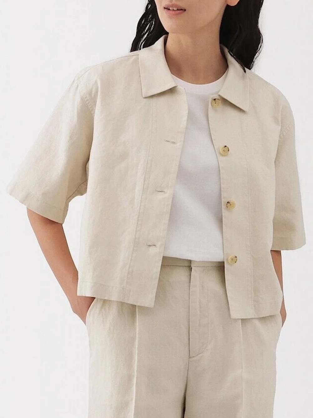 MUJI hemp blend twill cropped shirt S short sleeve button up timeless old money
